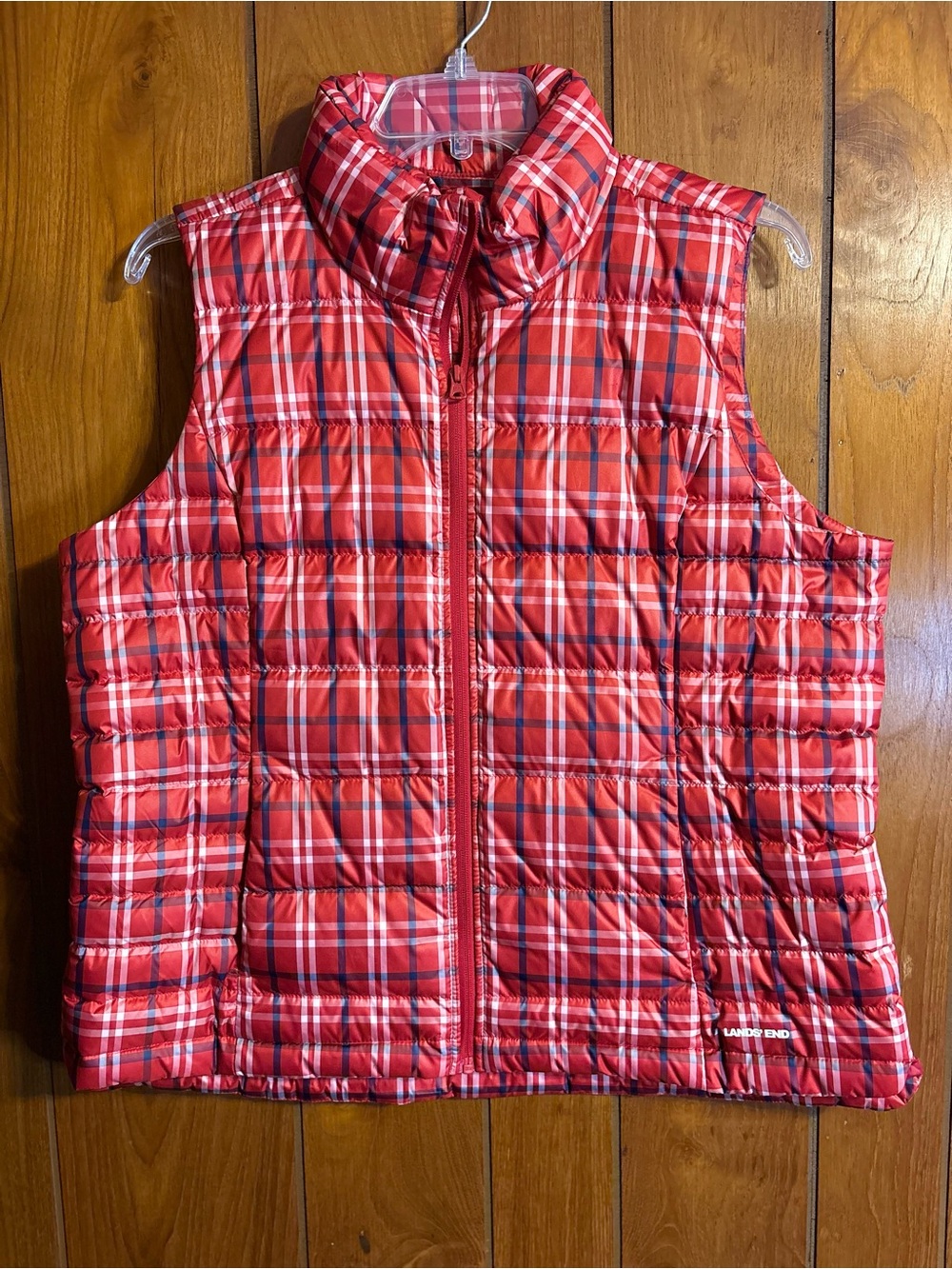 Lands' End Red Plaid Quilted Puffer Vest
